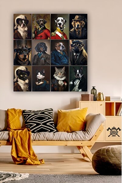 ahşap dünyam 12 parça Kedi ve Köpek Resimleri Çerçeve Görünümlü Mdf tablo Duv...