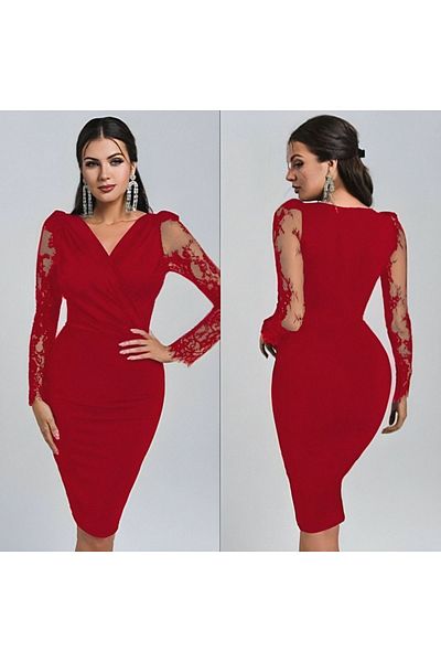 Store Women's Long Sleeve Double Breasted Collar Sleeves Tulle Detail Crepe Mini Red Dress