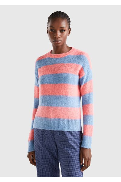 United Colors of Benetton سترة نسائية مخططة من صوف الألبكة الوردي