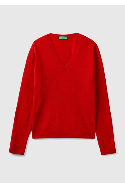 United Colors of Benetton Pulover Merino roșu cu decolteu în V pentru femei