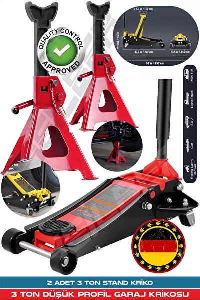 HEİLBER ALMAN 3 TON RED ÇİFT PİSTONLU DÜŞÜK PROFİL GARAJ ZEMİN KRİKOSU + 2 ADET 3 TON TUTUCU STAND KRİKO
