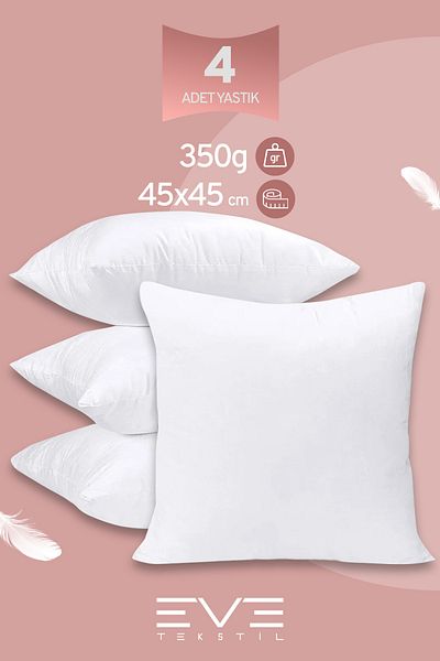 Eve Tekstil 4 Pieces Silicone Fiber Filled Square Throw Pillow Inner Pillow 350 gr