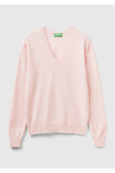 United Colors of Benetton Pulover de damă merinos cu decolteu în V roz pudrat