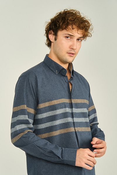 MEGALDİ Мъжка риза с дълъг ръкав Megaldi Slim Fit, тънка, с блокови шарки, 1100, индиго кафява