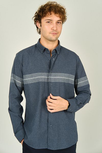 MEGALDİ Ανδρικό πουκάμισο Megaldi 1200 Indigo Grey - Slim Fit, Μπλοκ, Βαμβακερό, Μακρύ μανίκι