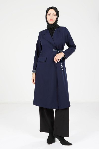 Beyza Μακρύ μπουφάν Hijab με λεπτομέρεια με δέσιμο Navy Blue Color 3933