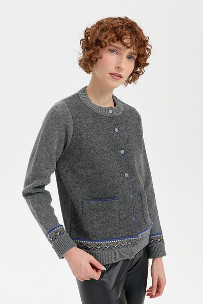 Desen Triko Women's Woolen Jacket in Smoke Color - Crew Neck and Print Sleeves 24085
