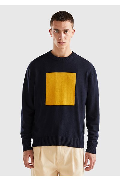 United Colors of Benetton Men's Yellow Wool Blended Large Square Print Sweater