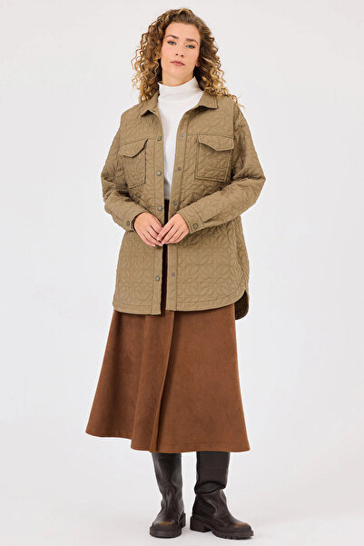 SEÇİL Χακί γυναικείο μπουφάν με καπιτονέ μοτίβο λουλουδιών - Λεπτομέρεια τσέπης, μοντέλο 1028