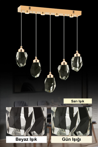 İstanbul Avize İstanbul Avize Yemek Masası Liya 5'li Gold Led Kristal Taşlı M...