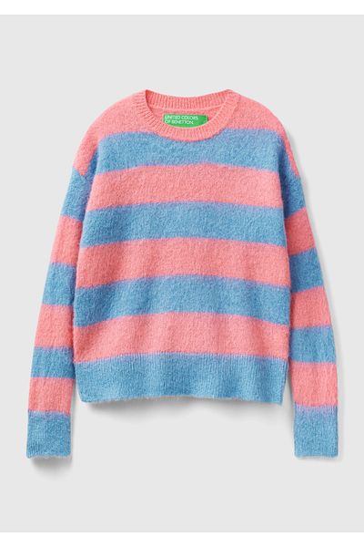 United Colors of Benetton سترة نسائية مخططة من صوف الألبكة الوردي