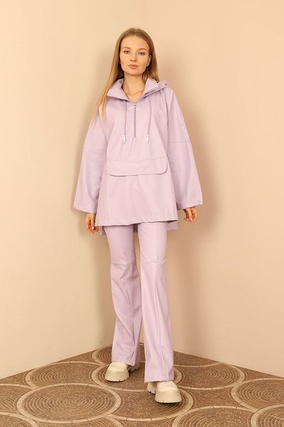 Cream Leather Fabric Long Length Skinny Fit Spanish Women's Trousers-Lilac