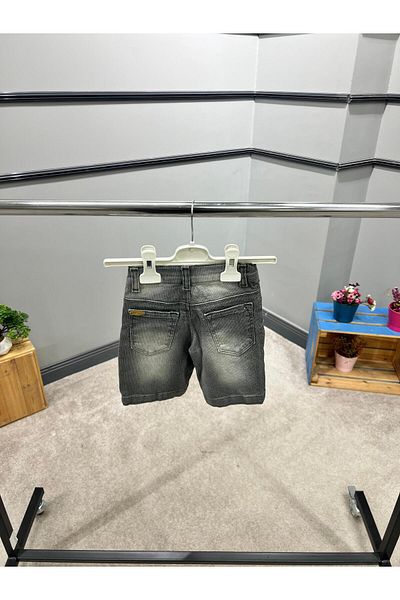 Cool Exclusive 100% Cotton Boy's Elastic Waist Buttoned Gray Denim Shorts