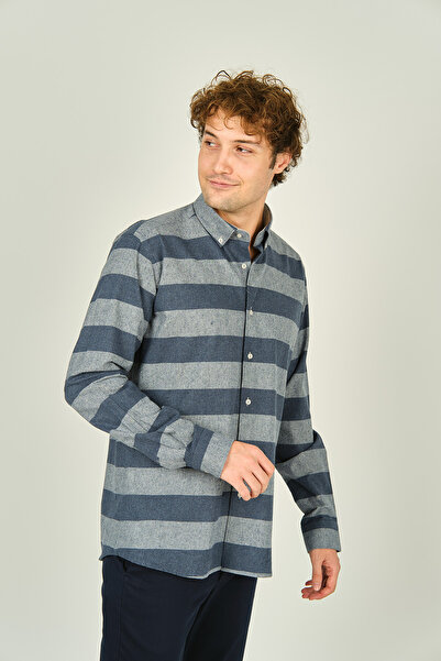MEGALDİ Megaldi Чоловіча сорочка з довгими рукавами, бавовняна, з блоковим візерунком, 1300, індиго-сіра