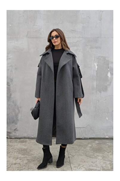 Elif Özbey Butik Antrasit Kolları Cep Detaylı Premium Kaban