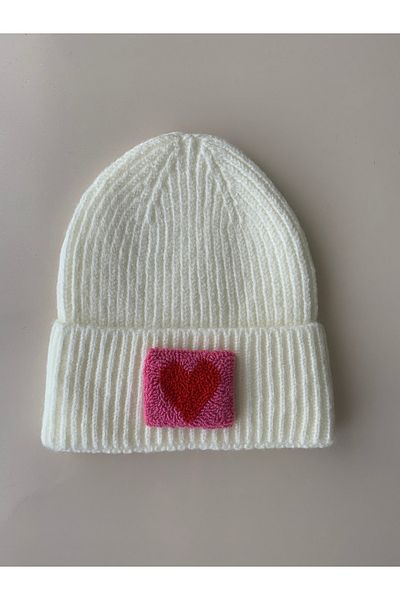 byebruketenci Luxury Kids-Youth Wool - Light Cream, Pink Heart Detailed Beret