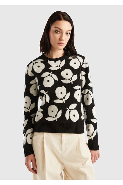 United Colors of Benetton Pulover de damă cu model floral în amestec de lână neagră