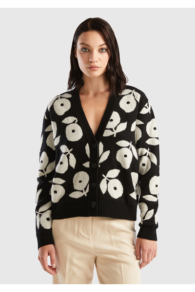 United Colors of Benetton Cardigan de damă din amestec de lână cu imprimeu floral negru