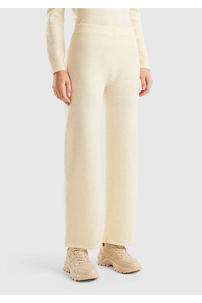 United Colors of Benetton Γυναικείο πλεκτό παντελόνι White Wool Blended - Raised