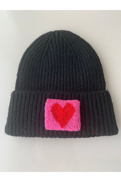byebruketenci Luxury Black Wool Kids-Youth Beret - Pink Heart Punch Detailed