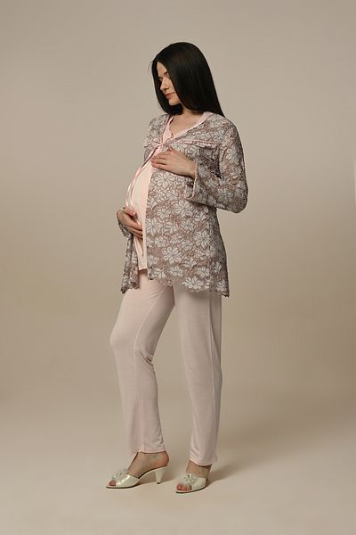Marilyn Club Maternity-Maternity Cotton Pajamas Set with Floral Lace Dressing Gown Set of 3