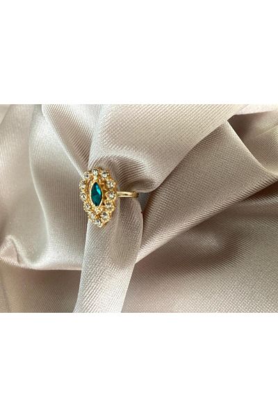 Pervin Ablacım Gold Adjustable Ring with Crystal Stones Around with Turquoise Drop Stones in the Middle
