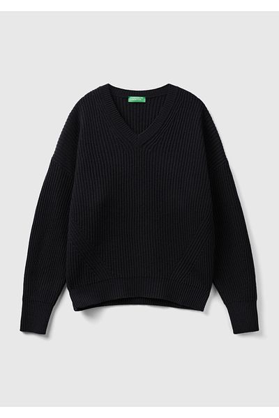 United Colors of Benetton Amestec de lână neagră - Pulover de damă cu decolteu în V