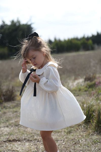 Pure Lille Peter Pan Collar Black Ribbon Detailed Retro Girl's Dress - 100% Organic Muslin Fabric