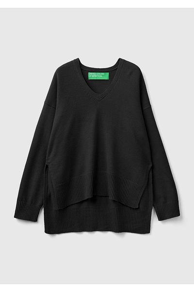 United Colors of Benetton Amestec de lână neagră - Pulover lung de damă cu decolteu în V