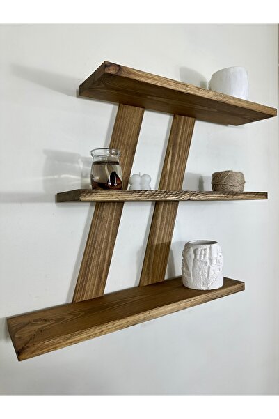 O&A WOOD Doğal Ahşap Dekoratif Simetrik Duvar Rafı,3 Katlı Vintage, Koyu Meşe