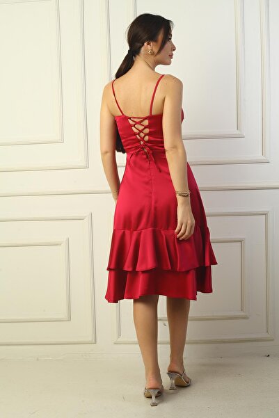 By Saygı Γυναικείο σχοινί λουράκι μπροστινό ντραπέ φούστα με επένδυση διπλής στρώσης σατέν φόρεμα