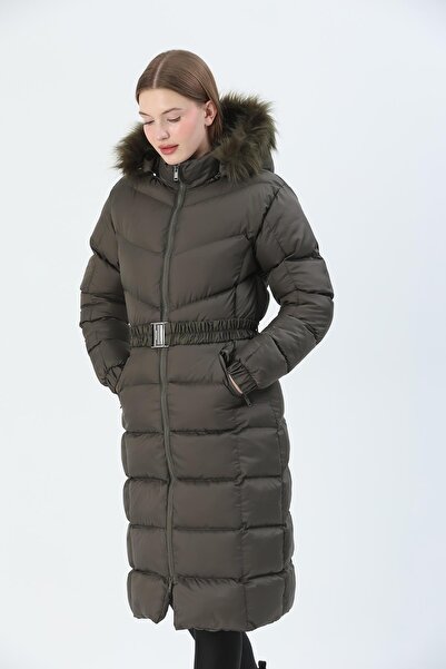 QUBERZ Hooded Inflatable Coat with Belt Khaki