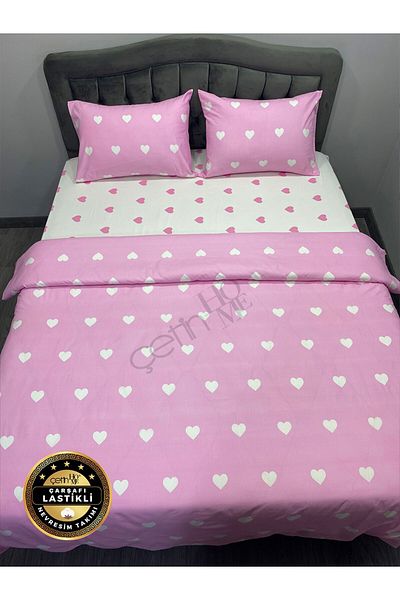 Çetinhome Set de lenjerie de pat dublu elastic reîncărcabil Pink Heart