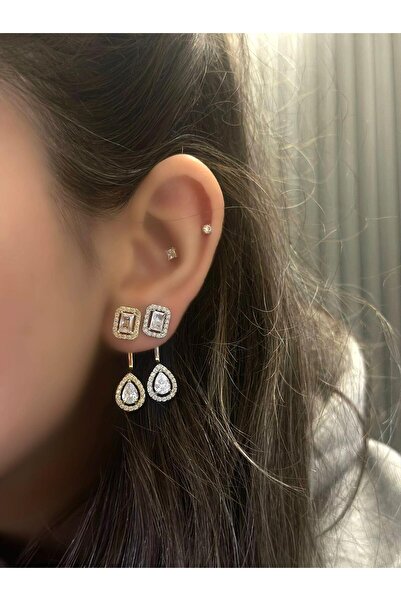 MyladyAccessoriess حلق من الفولاذ باللون الفضي مع حجر الزركون باجيت وتفاصيل قطرة