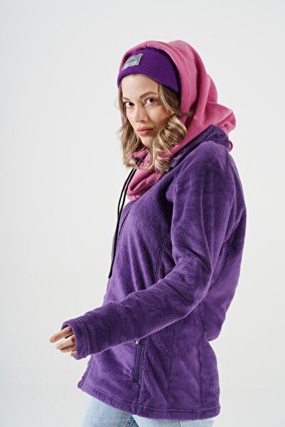 Cosy Club Shop Kadın Fuşya Polar Bere Kar Maskesi Balaklava Şapka Atkı Boyunluk Kar Maskesi