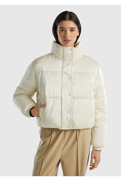 United Colors of Benetton Cream Colored Shiny Puffa Women's Coat