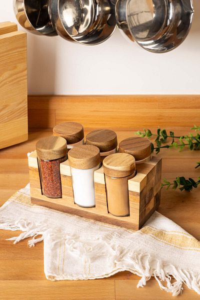 FH finehome Odin 6-Piece Stand Acacia Spice Rack