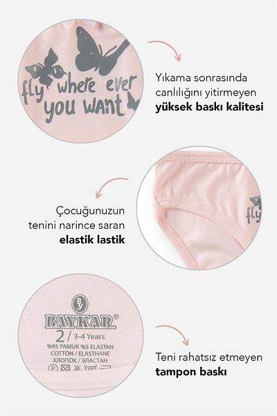 BAYKAR Girl's Cotton Colorful Printed Bow Detailed Bikini Panties 3 Pack Pink