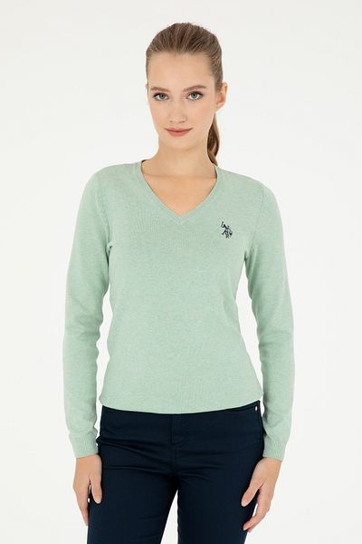 U.S. Polo Assn. Pulover de bază cu decolteu în V Melange verde de damă 50293542 -vr115