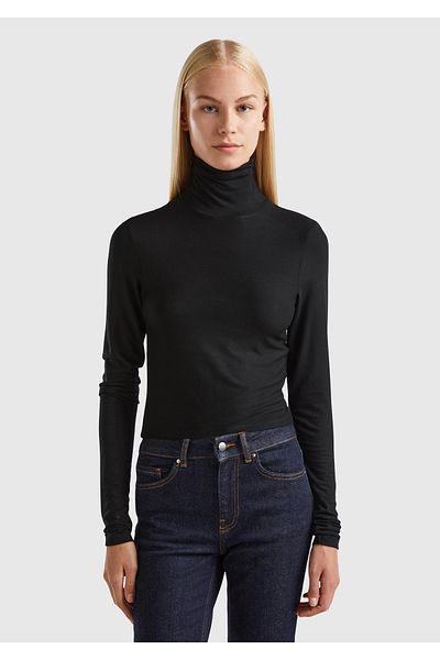 United Colors of Benetton Μαύρο Slim Fit Viscose T-Shirt - Μακρύ μανίκι, γιακάς