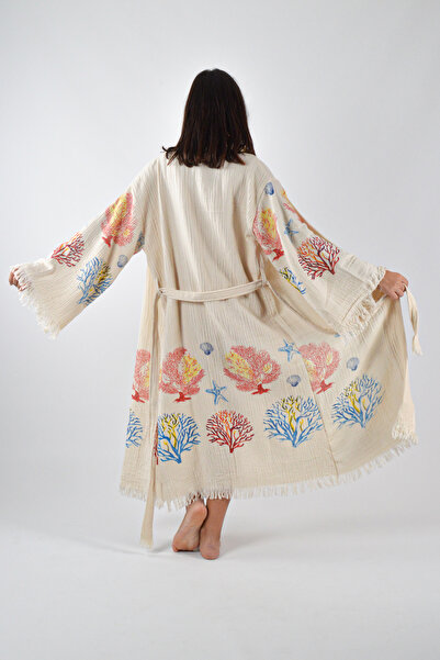REİNA TEKS Kimono Kaftan Cotton Printed Belted 1 Piece Unisex Muslin Fabric Peshtemal Bathrobe