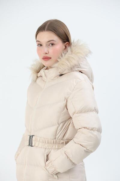 QUBERZ Hooded Inflatable Coat with Belt Cream