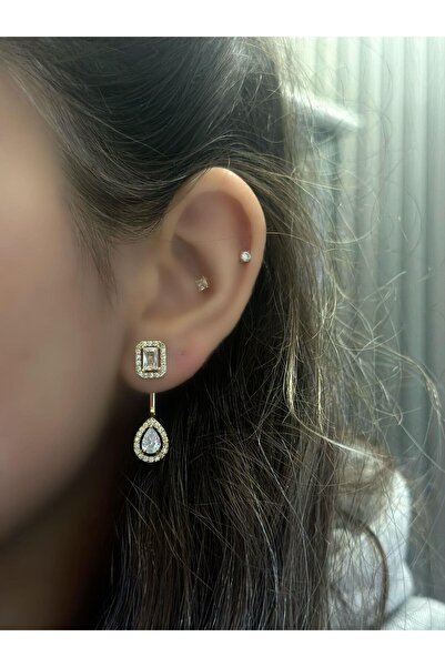 MyladyAccessoriess حلق من الفولاذ باللون الفضي مع حجر الزركون باجيت وتفاصيل قطرة