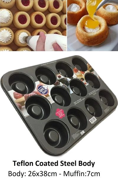 Pinkev Teflon Coated Steel Muffin Cake Mold 12 Compartments