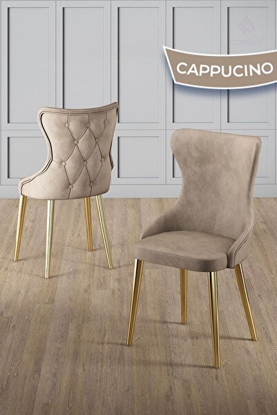 Canisa Esla Serisi 90x160 Lak Panel Sonata Gold Kaplama Ayaklı Masa Takımı ve 6 Cappucino Sandalye