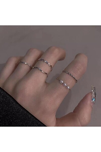 Vintageamer Kadın Inci Detaylı 5’li Gümüş Yüzük Seti