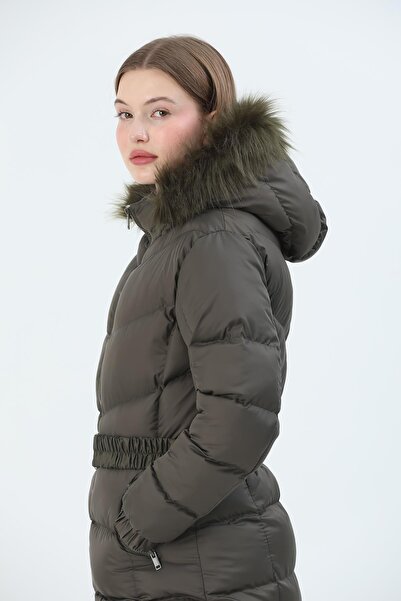 QUBERZ Hooded Inflatable Coat with Belt Khaki