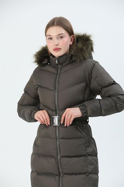 QUBERZ Hooded Inflatable Coat with Belt Khaki