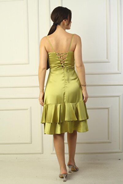 By Saygı Women's Rope Strap Front Draped Lined Hem Double Layer Flounce Satin Dress