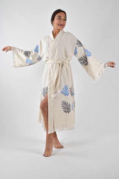 REİNA TEKS 1 Piece Unisex Muslin Kimono Caftan - Printed and Belted Cotton Peshtemal Bathrobe